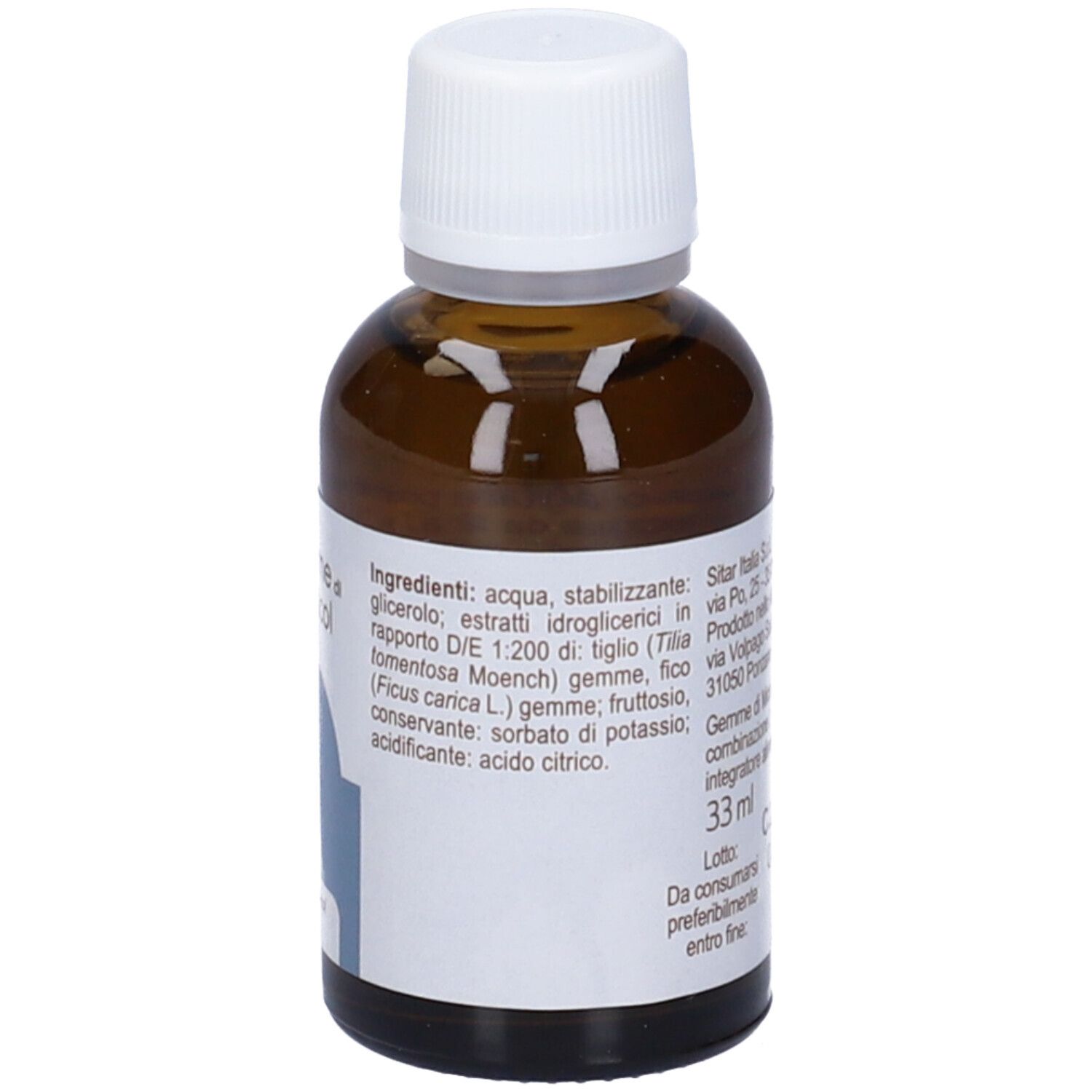 Flacone in vetro marrone con tappo bianco. Scritte: Gemme di Micol, I, tiglio fico, senza alcol. Etichetta con ingredienti e volume.