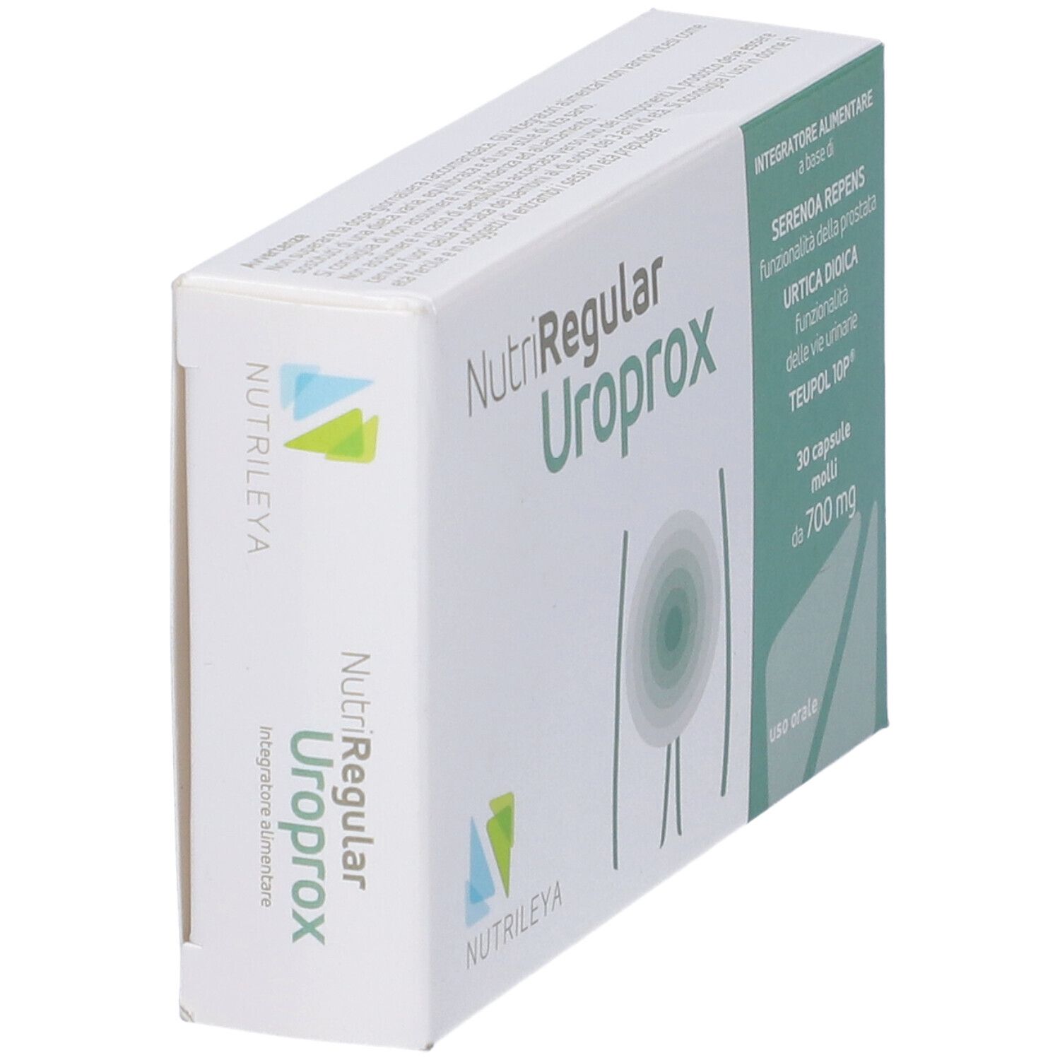 Scatola NutriRegular Uroprox, angolata. Scritta: 30 capsule, 700 mg. Logo Nutriley. Testo sulla funzione prostatica.