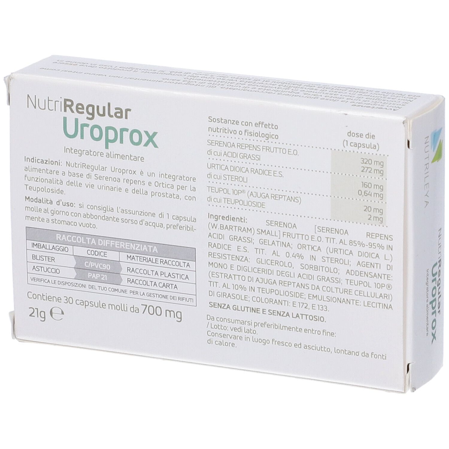 Retro della scatola NutriRegular Uroprox. Ingredienti, dosaggio, istruzioni. Logo Nutriley. 30 capsule, 700 mg.