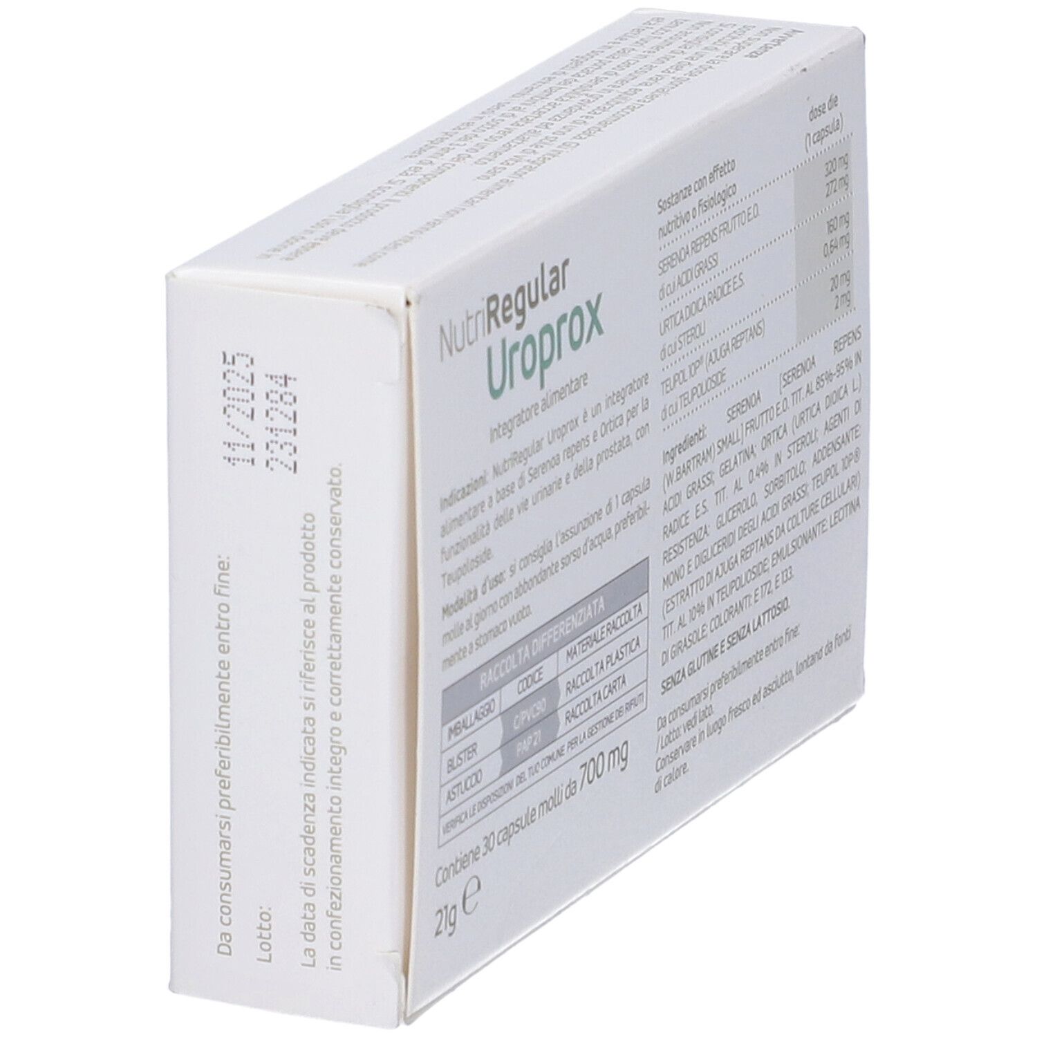 Retro della scatola NutriRegular Uroprox, angolato. Ingredienti, dosaggio, istruzioni. Logo Nutriley. 30 capsule, 700 mg.