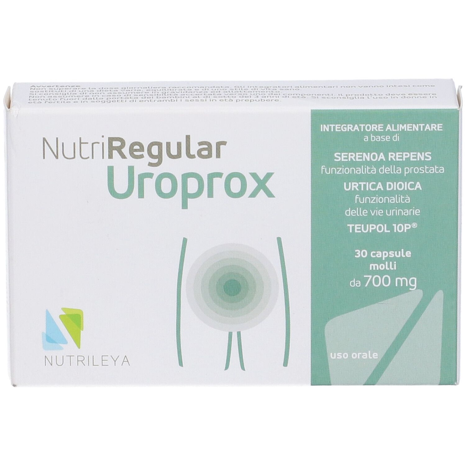 Scatola NutriRegular Uroprox. Scritta: 30 capsule, 700 mg. Logo Nutriley. Testo sulla funzione prostatica.