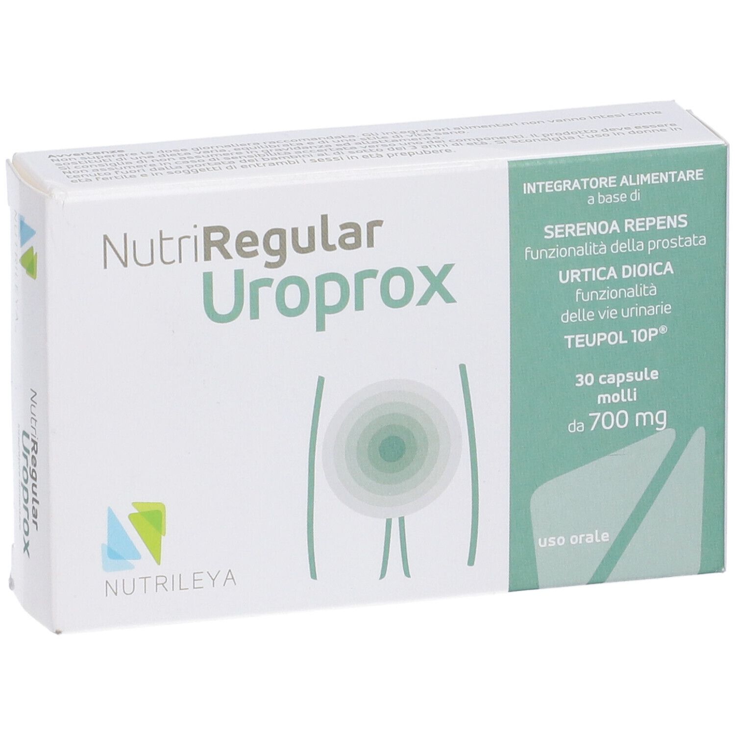 Scatola NutriRegular Uroprox. Scritta: 30 capsule, 700 mg. Logo Nutriley. Testo sulla funzione prostatica.