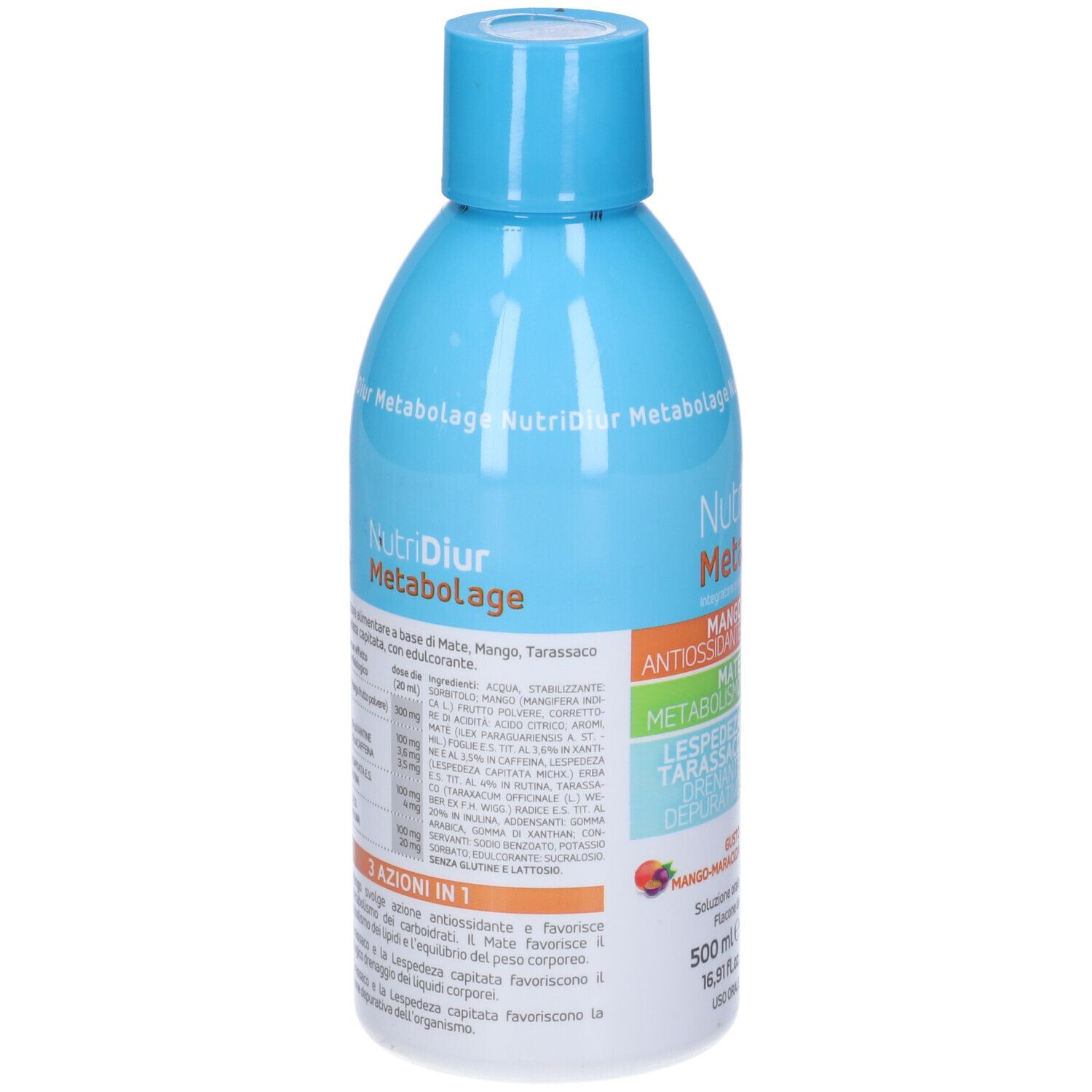 Bottiglia azzurra con stampa del prodotto. Retro con ingredienti e informazioni. Scritta: NutriDiur Metabolage. 500 ml.