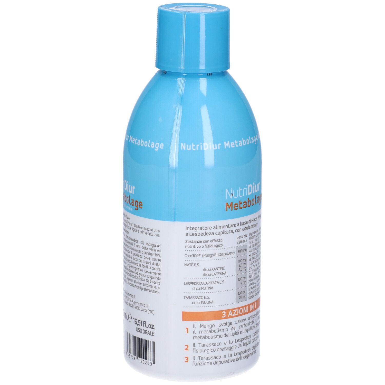 Bottiglia azzurra con stampa del prodotto. Retro con ingredienti e informazioni. Scritta: NutriDiur Metabolage. 500 ml.