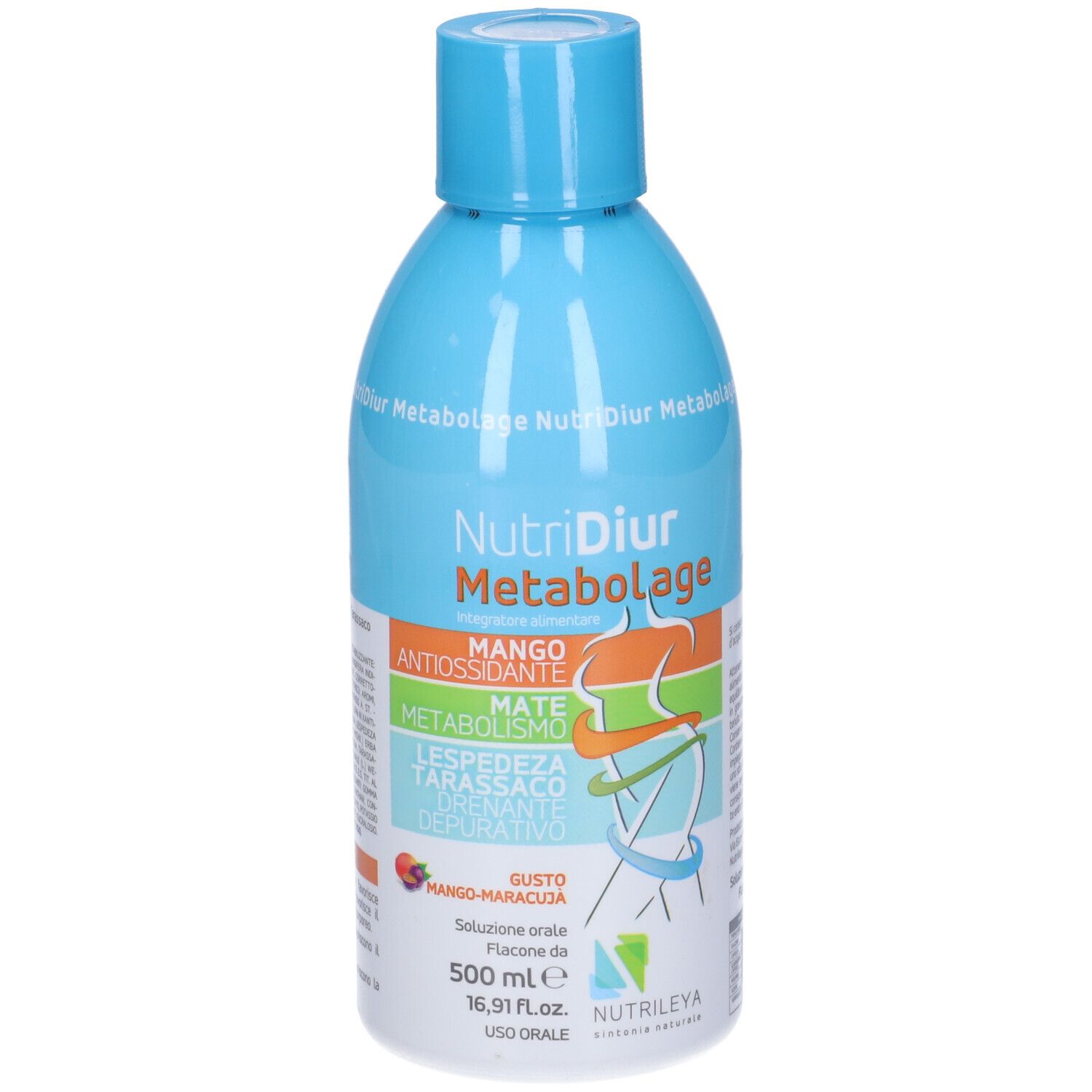 Bottiglia azzurra con stampa del prodotto. Scritta: NutriDiur Metabolage. Gusto mango-maracuja. 500 ml.