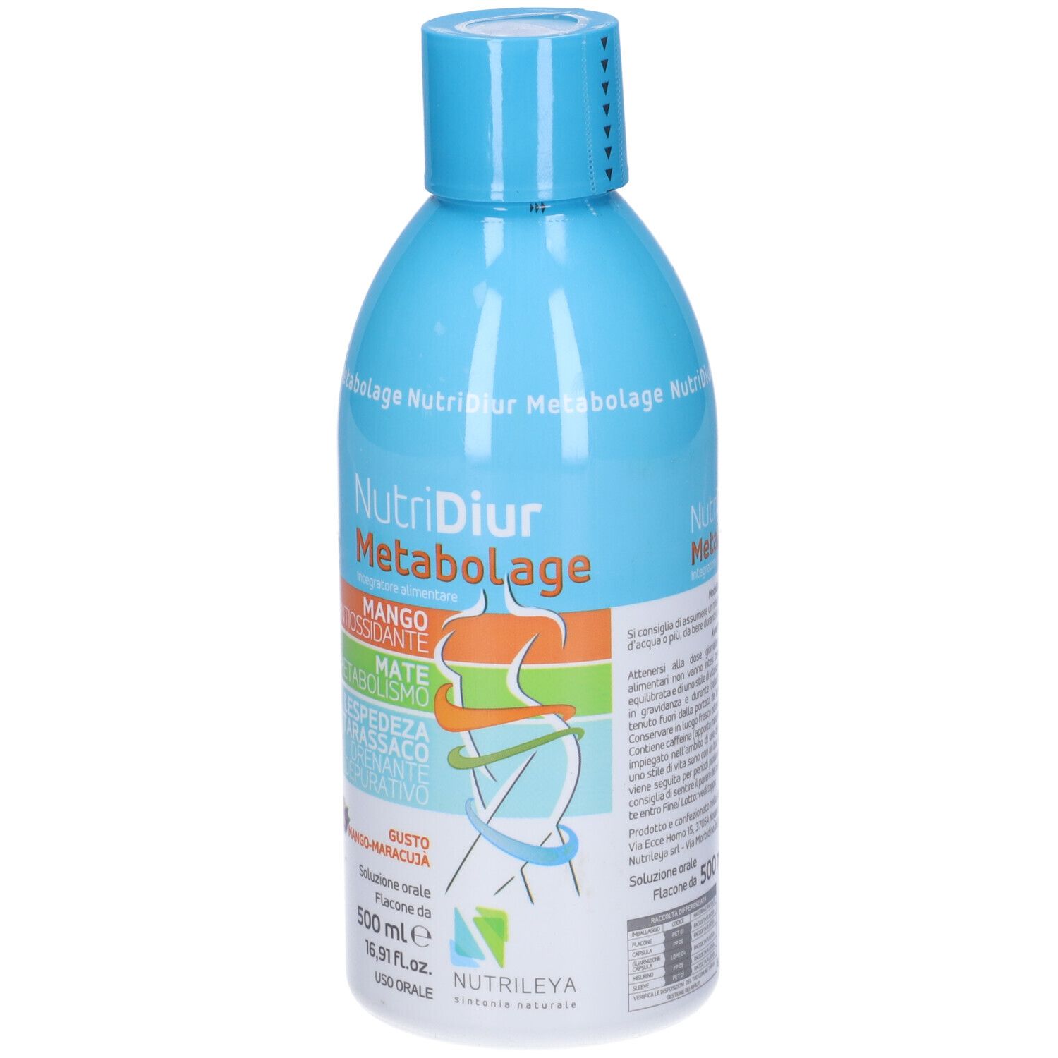 Bottiglia azzurra con stampa del prodotto. Retro con ingredienti e informazioni. Scritta: NutriDiur Metabolage. 500 ml.