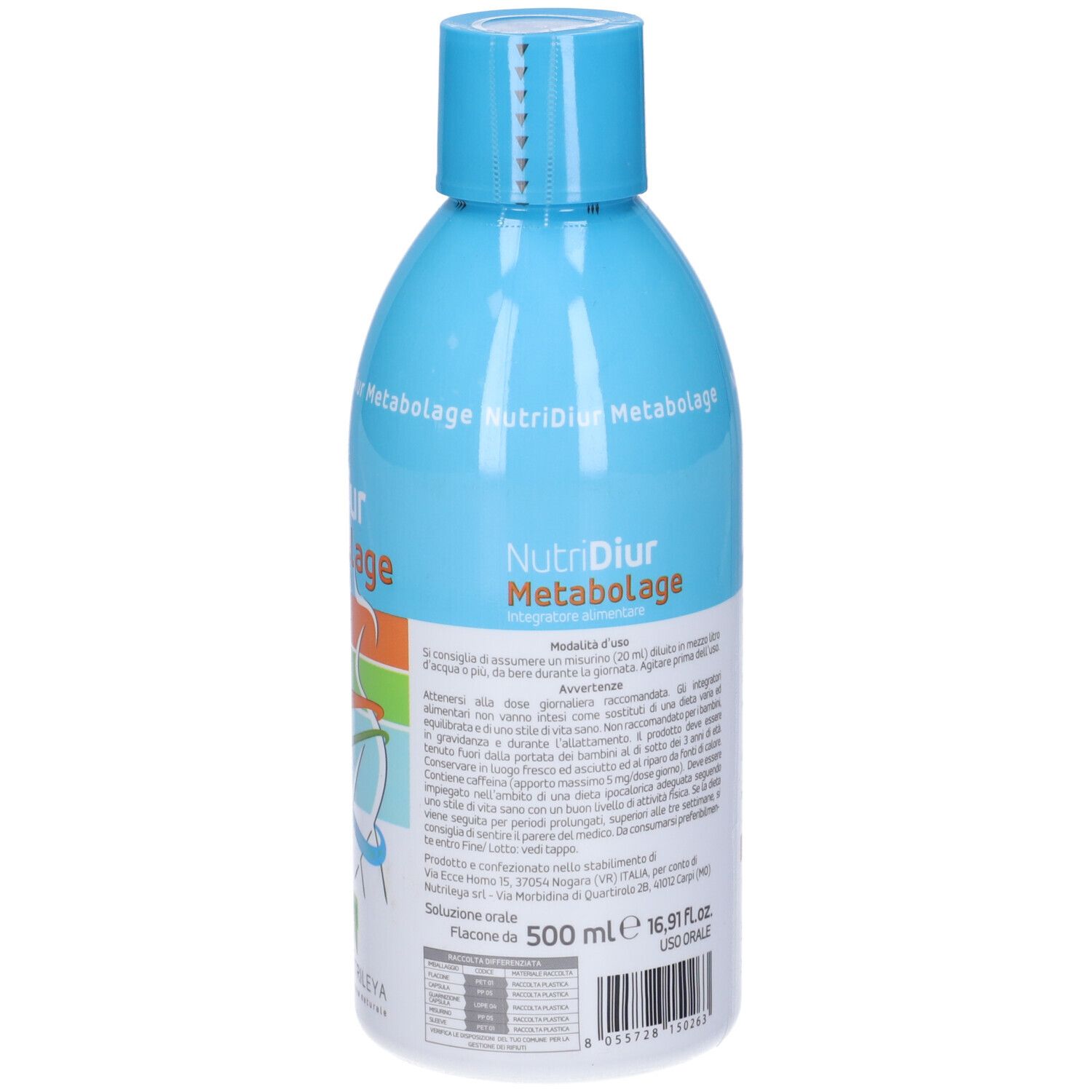 Bottiglia azzurra con stampa del prodotto. Retro con informazioni. Scritta: NutriDiur Metabolage. 500 ml.