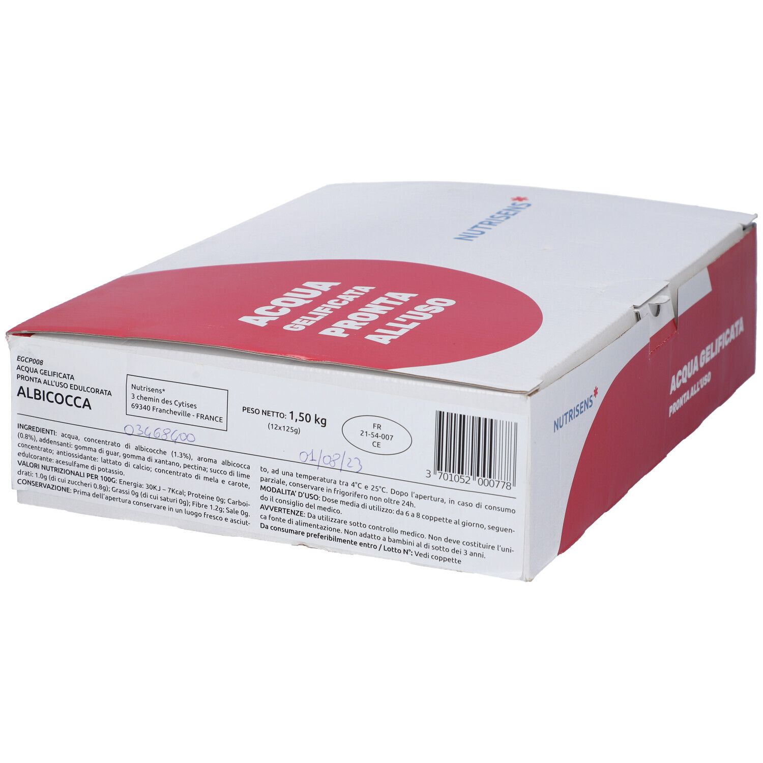 Confezione in cartone bianco e rosso. Scritta: ACQUA GELIFICATA PRONTA ALL'USO. Marchio: Nutrisens. Testo sul retro.