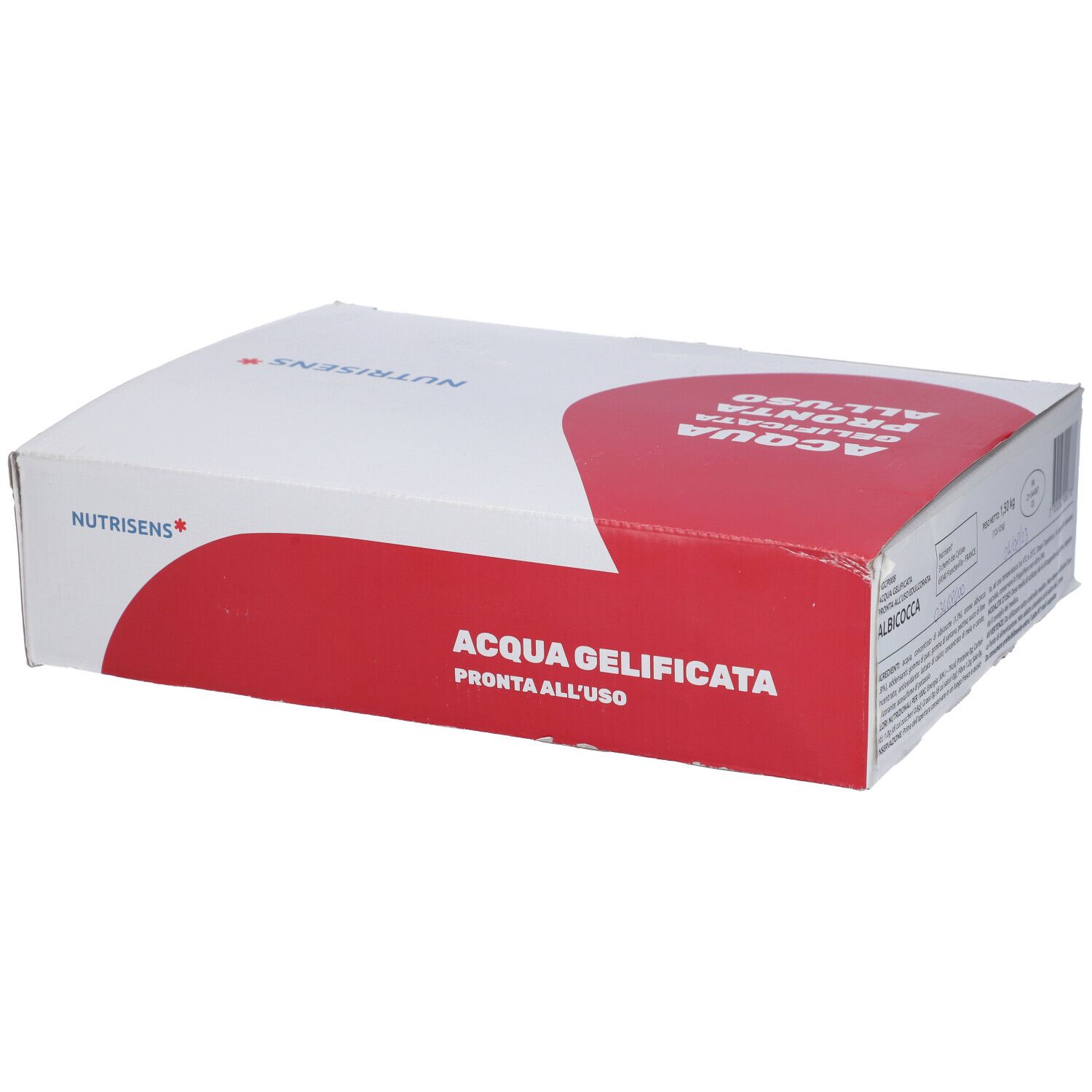 Confezione in cartone bianco e rosso. Scritta: ACQUA GELIFICATA PRONTA ALL'USO. Marchio: Nutrisens. Vista dall'alto.