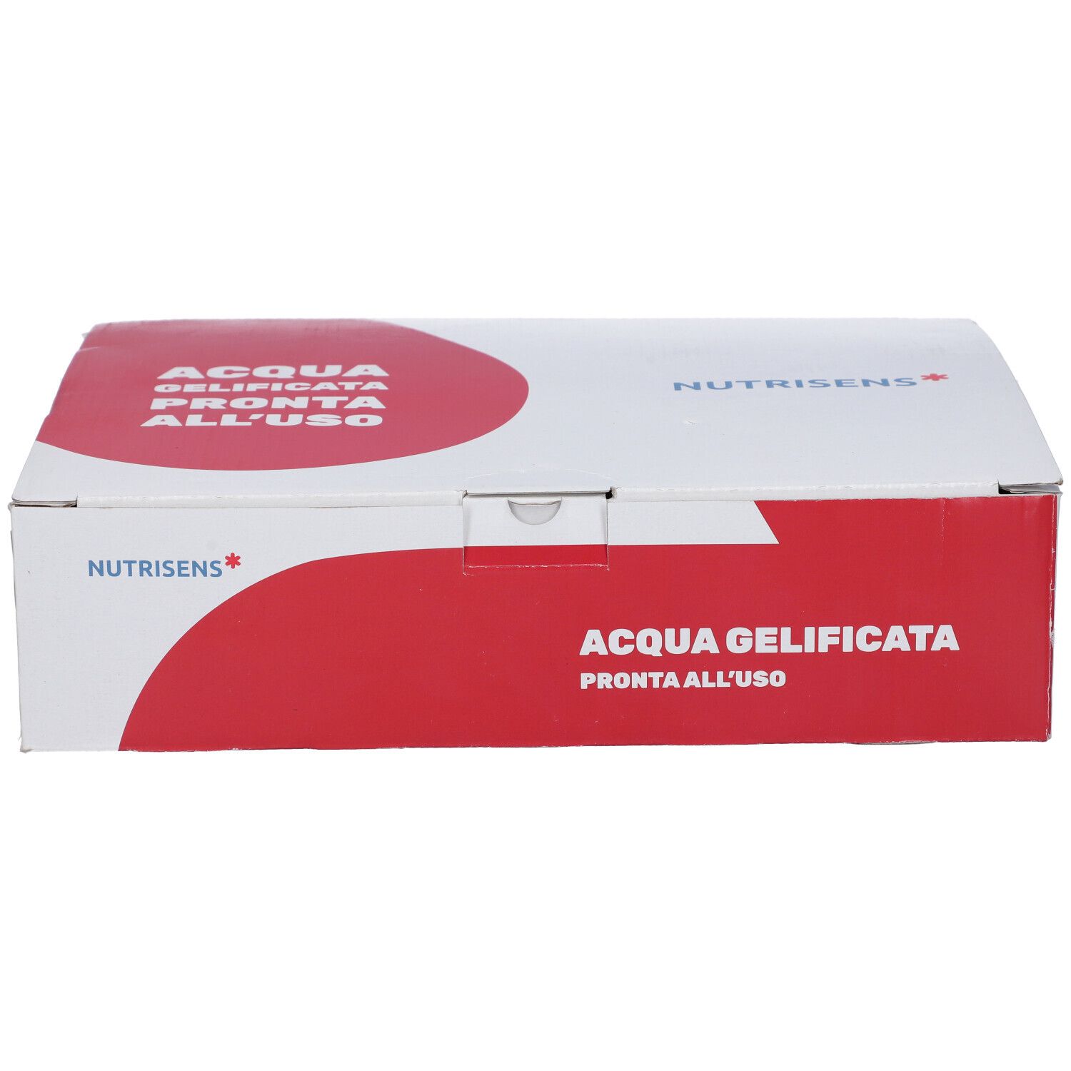 Confezione in cartone bianco e rosso. Scritta: ACQUA GELIFICATA PRONTA ALL'USO. Marchio: Nutrisens. Vista frontale.
