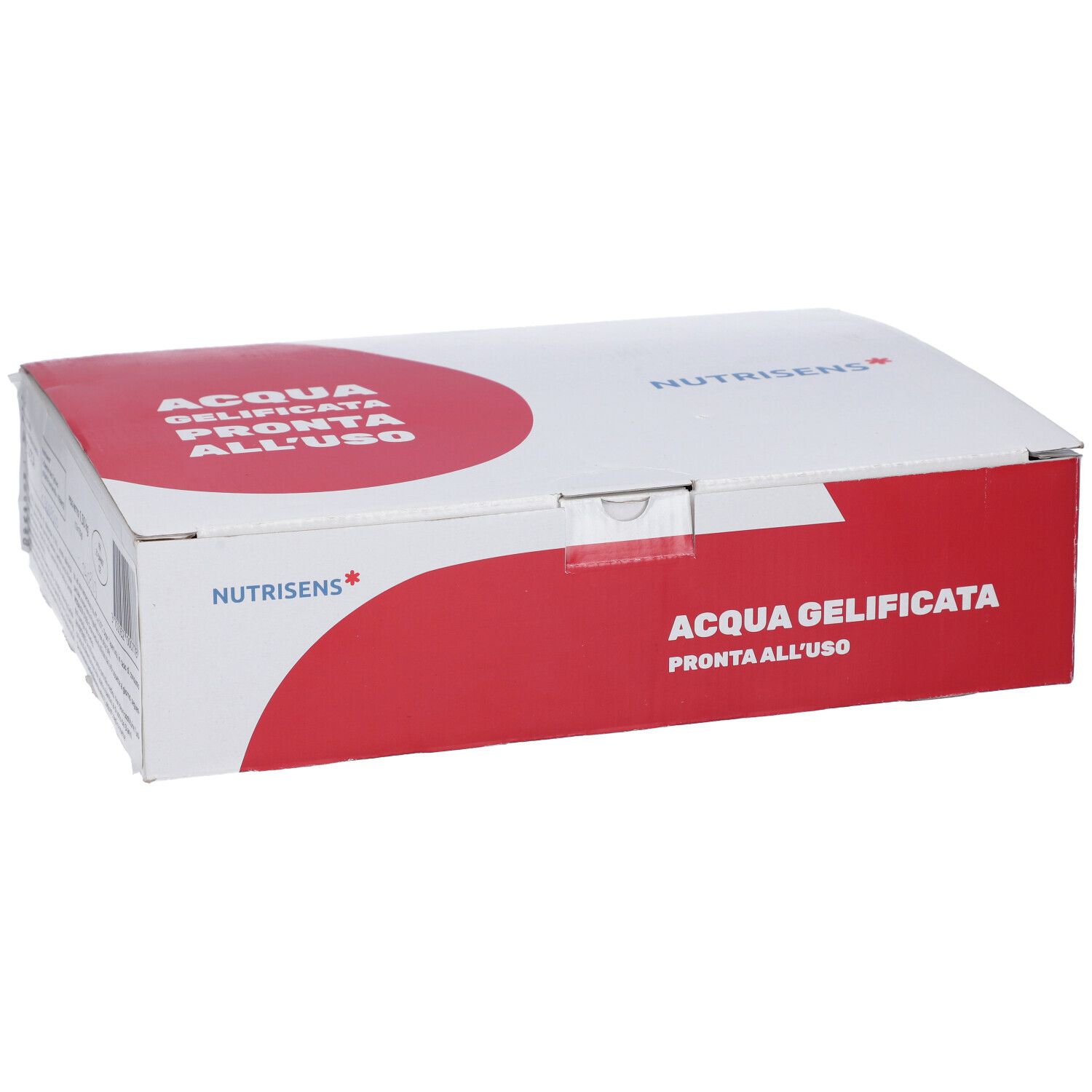 Confezione in cartone bianco e rosso. Scritta: ACQUA GELIFICATA PRONTA ALL'USO. Marchio: Nutrisens. Pila di confezioni.