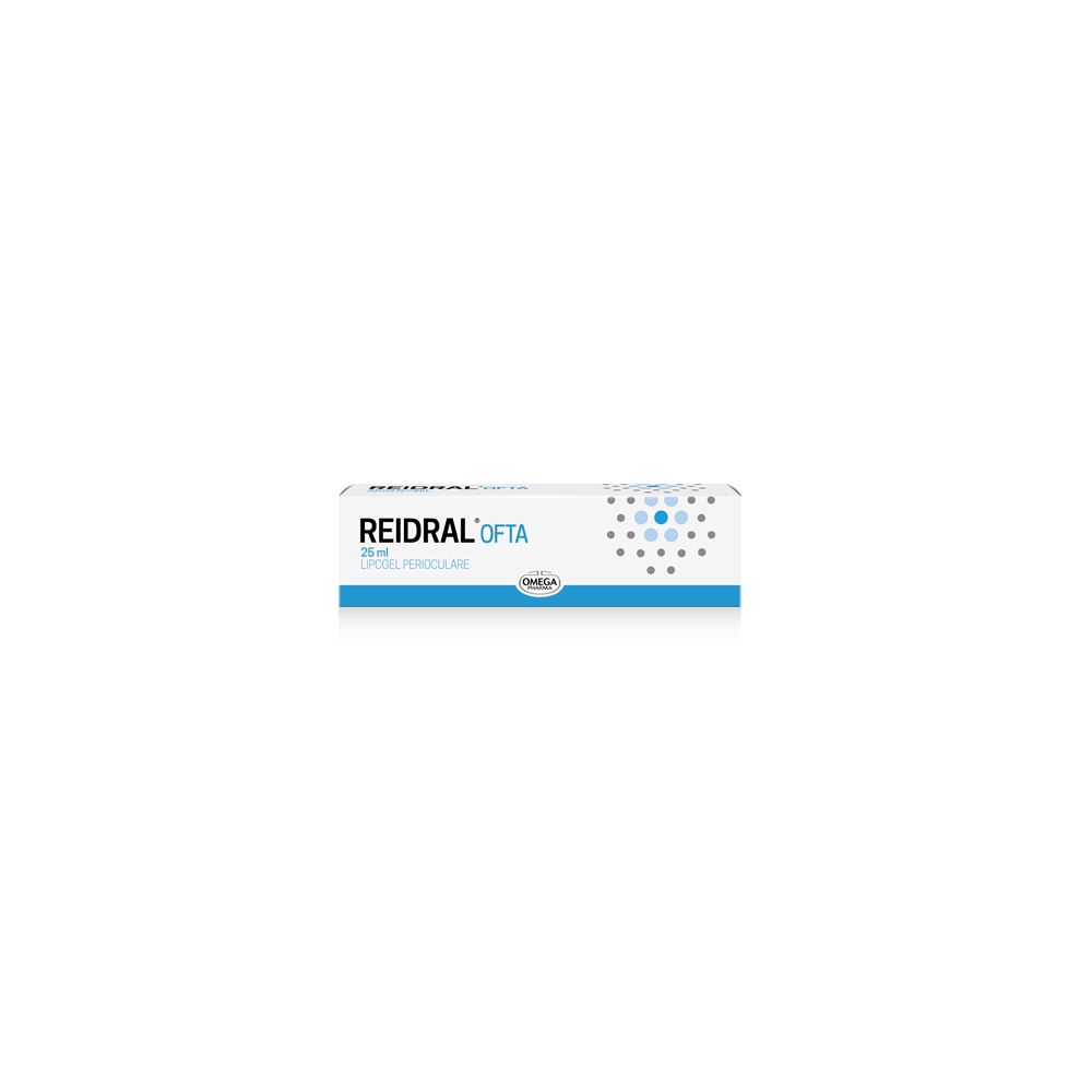 Scatola con nome e logo del prodotto. Bianco, blu e azzurro. Nome prodotto: Reidral Ofta.