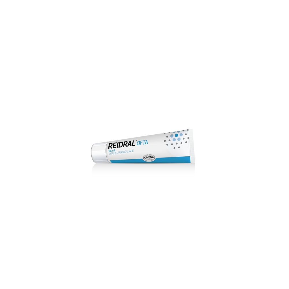 Tubo con nome e logo del prodotto. Bianco, blu e azzurro. Nome prodotto: Reidral Ofta.