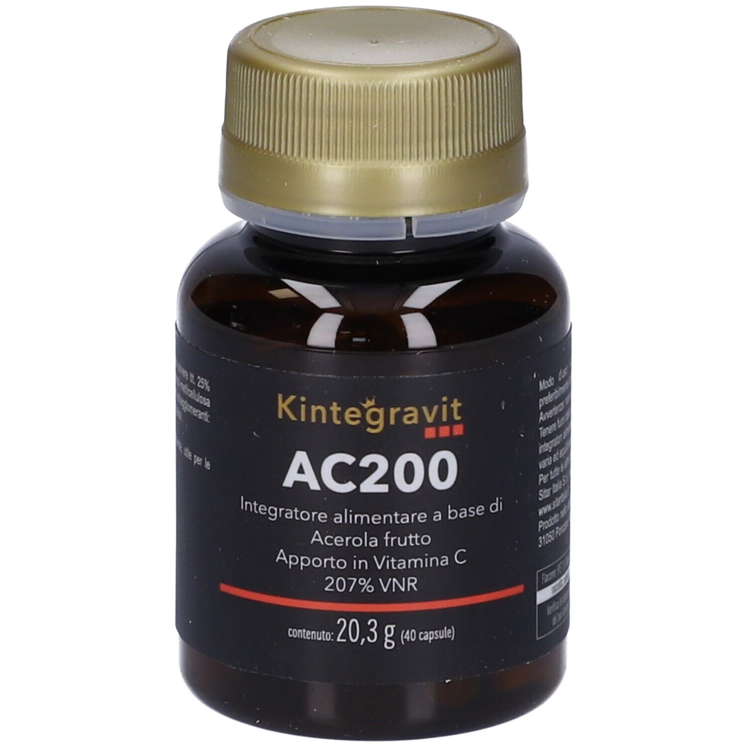 Flacone marrone con tappo dorato. Scritta: Kintegravit AC200, integratore alimentare a base di frutto di acerola, 20,3 g (40 capsule).