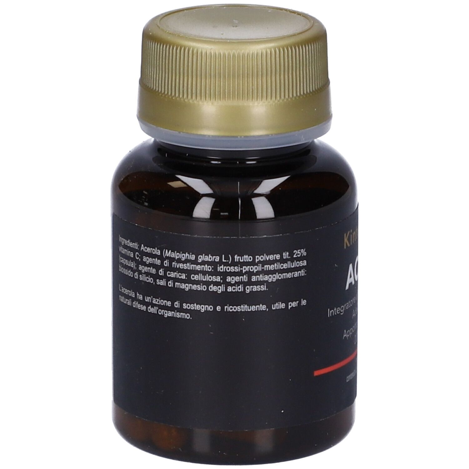Flacone marrone con tappo dorato. Scritta: Kintegravit AC200, elenco ingredienti e data di scadenza 08/2024.