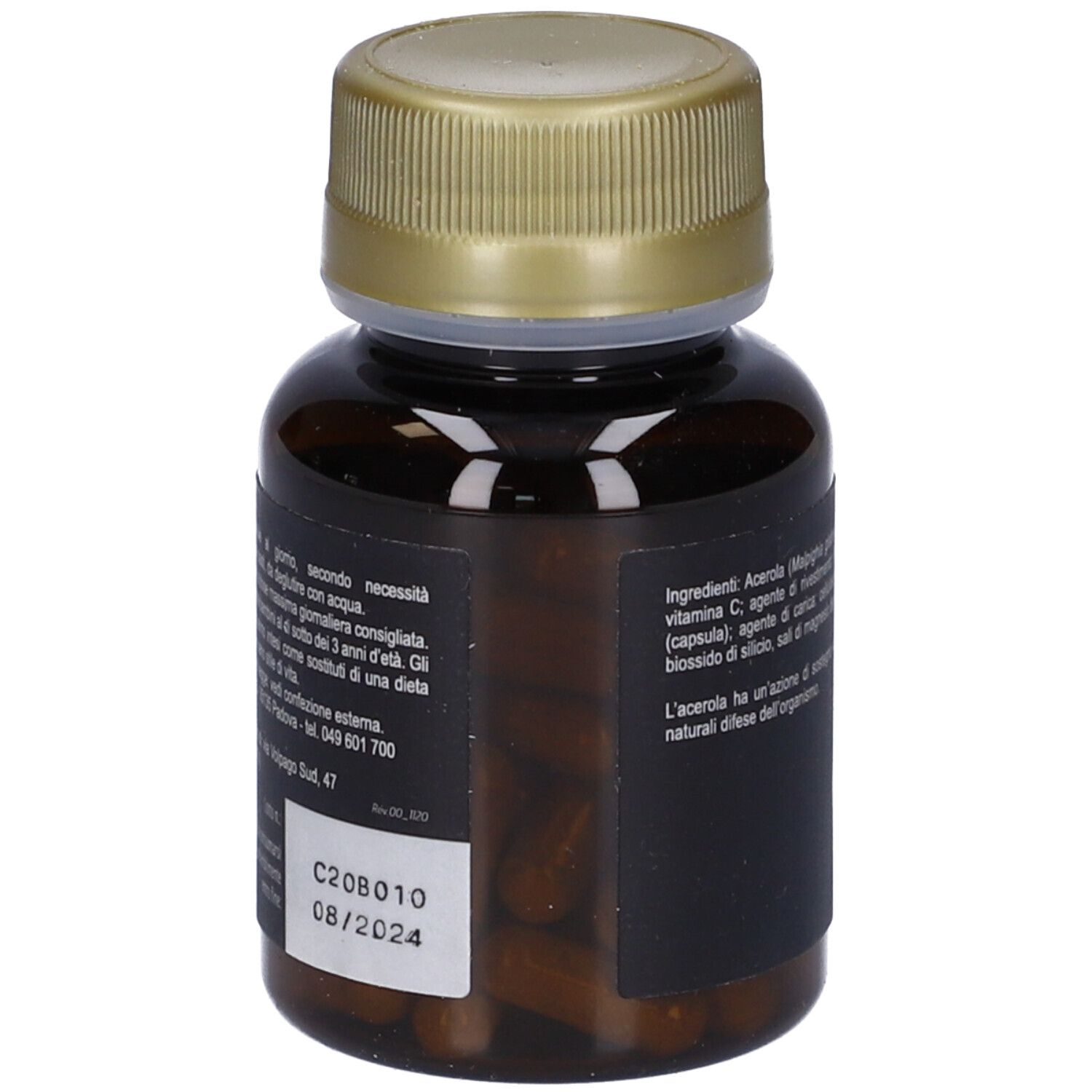 Flacone marrone con tappo dorato. Scritta: Kintegravit AC200, elenco ingredienti e data di scadenza 08/2024.