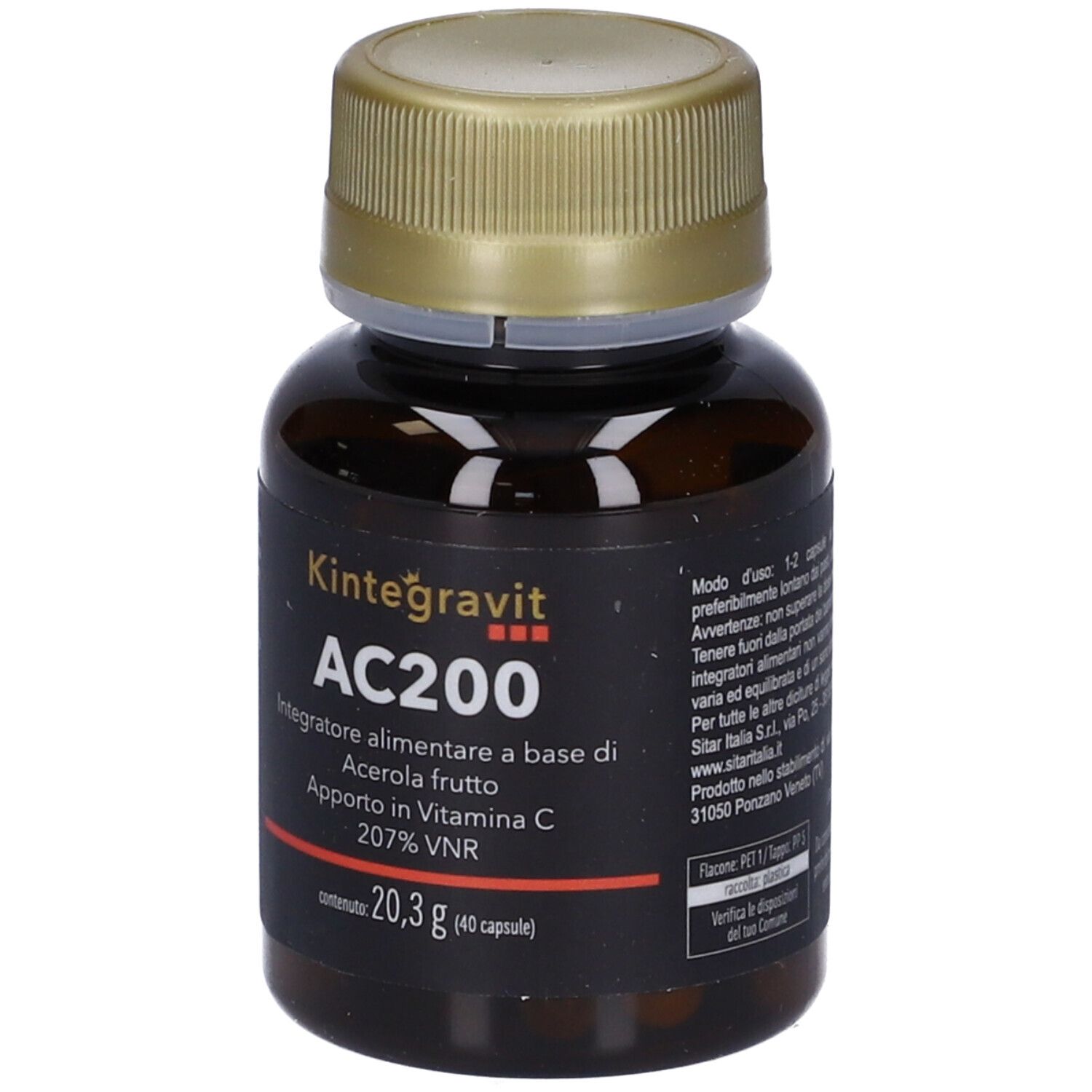 Flacone marrone con tappo dorato. Scritta: Kintegravit AC200, istruzioni per l'uso e data di scadenza 08/2024.