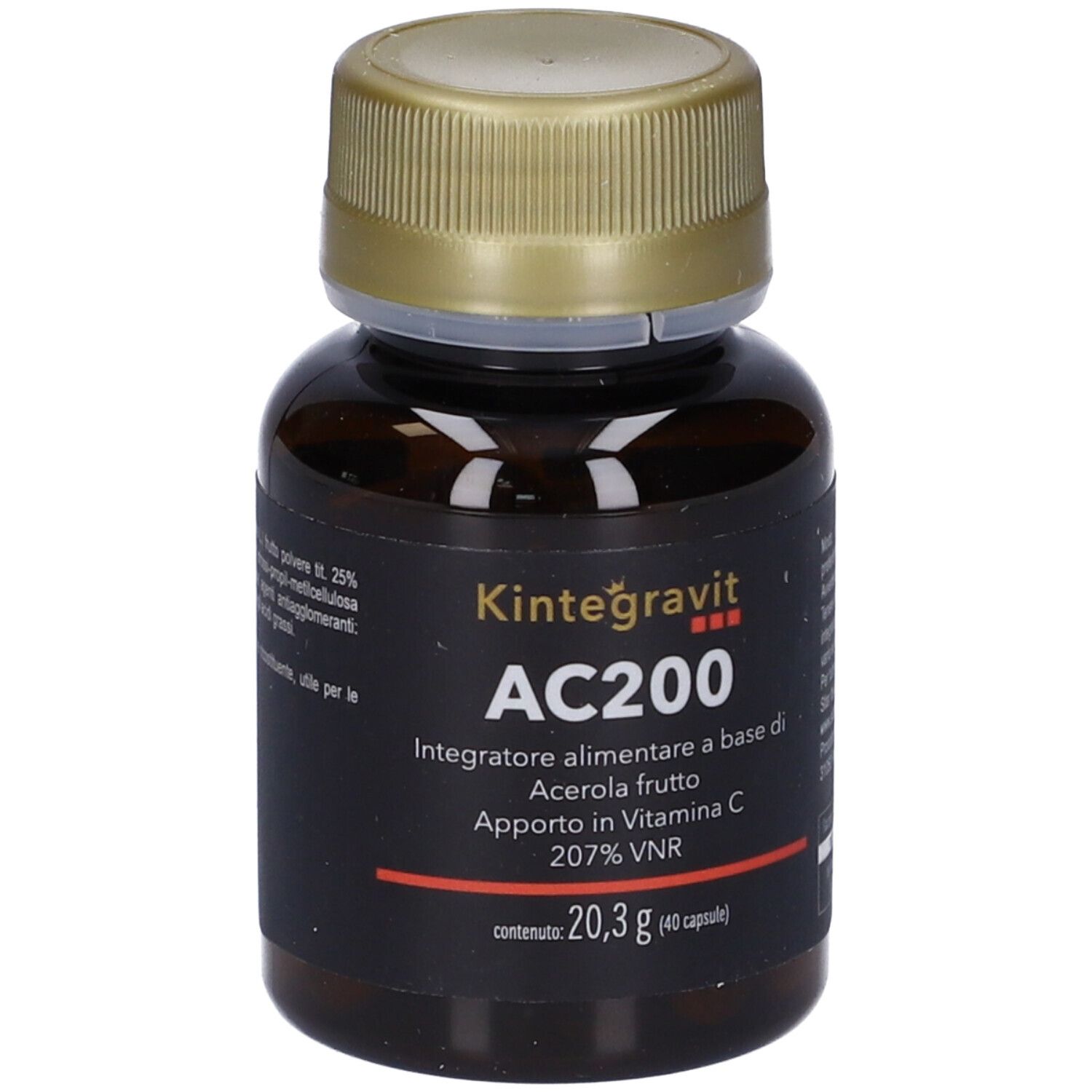 Flacone marrone con tappo dorato. Scritta: Kintegravit AC200, integratore alimentare a base di frutto di acerola, 20,3 g (40 capsule).
