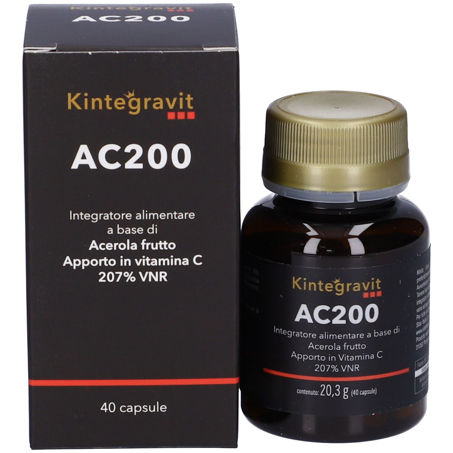 Flacone marrone con tappo dorato e scatola nera. Scritta: Kintegravit AC200, integratore alimentare.