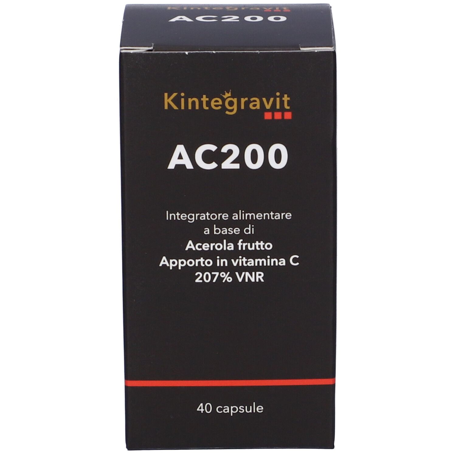 Scatola nera con scritta: Kintegravit AC200, integratore alimentare a base di frutto di acerola, 40 capsule.