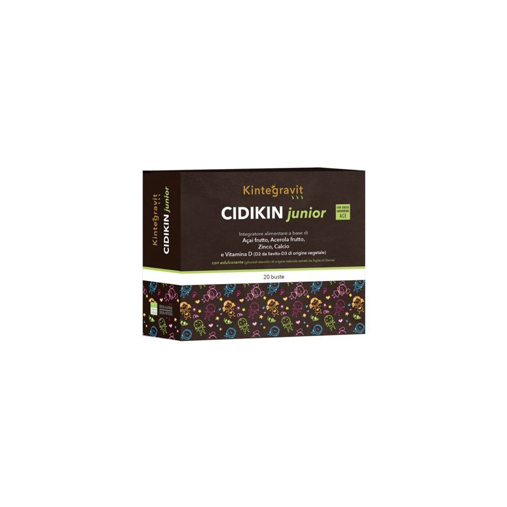 Scatola di Cidikin Junior. Scritta: Kintegravit, Cidikin Junior, 20 bustine. Contiene acerola, zinco, calcio e vitamina D.