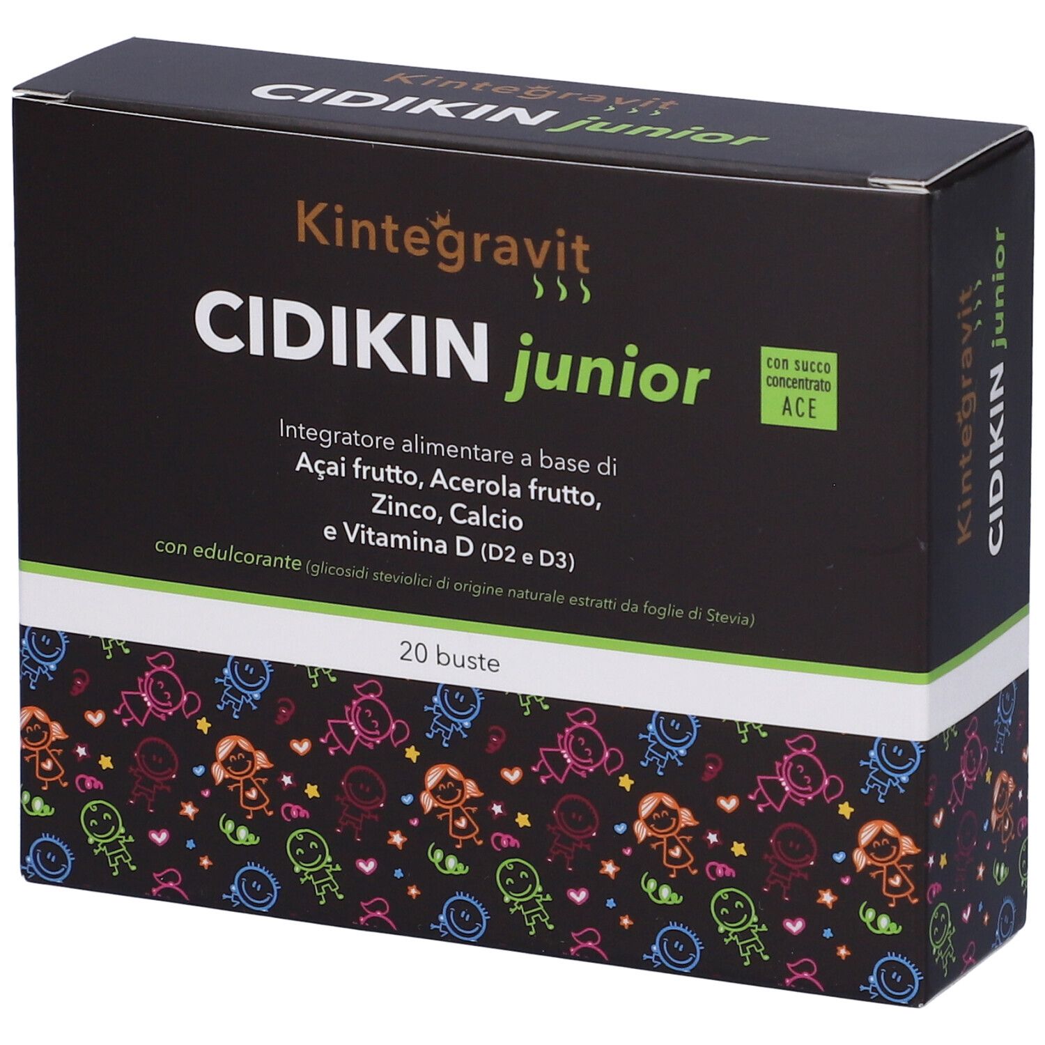 Scatola nera Cidikin Junior. Scritta: Kintegravit, Cidikin Junior, 20 bustine. Contiene acerola, zinco, calcio e vitamina D.