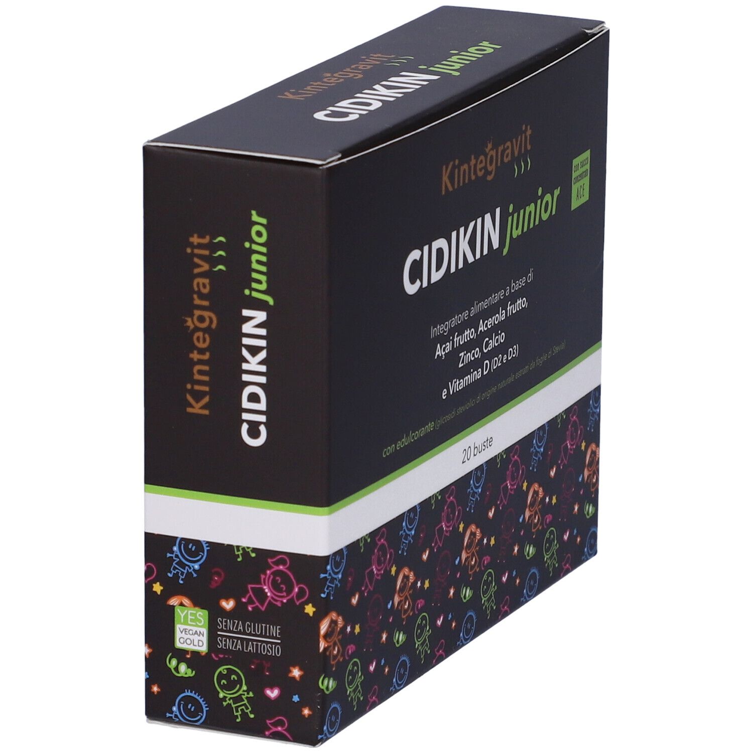 Scatola nera Cidikin Junior. Scritta: Kintegravit, Cidikin Junior, 20 bustine. Contiene acerola, zinco, calcio e vitamina D. Vegan.