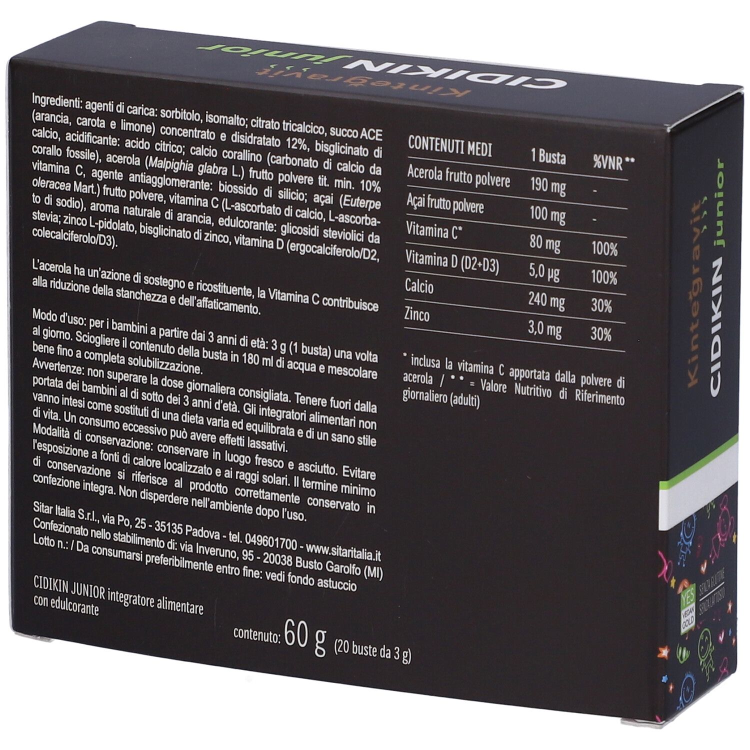 Retro della scatola Cidikin Junior. Contiene ingredienti, informazioni nutrizionali e istruzioni per l'uso. 20 bustine, 60g.