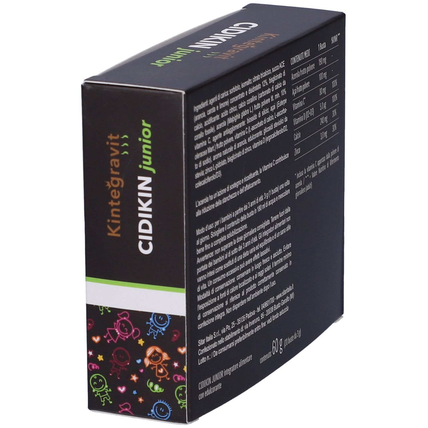 Vista laterale della scatola Cidikin Junior. Contiene ingredienti, informazioni nutrizionali e istruzioni per l'uso. 20 bustine, 60g.