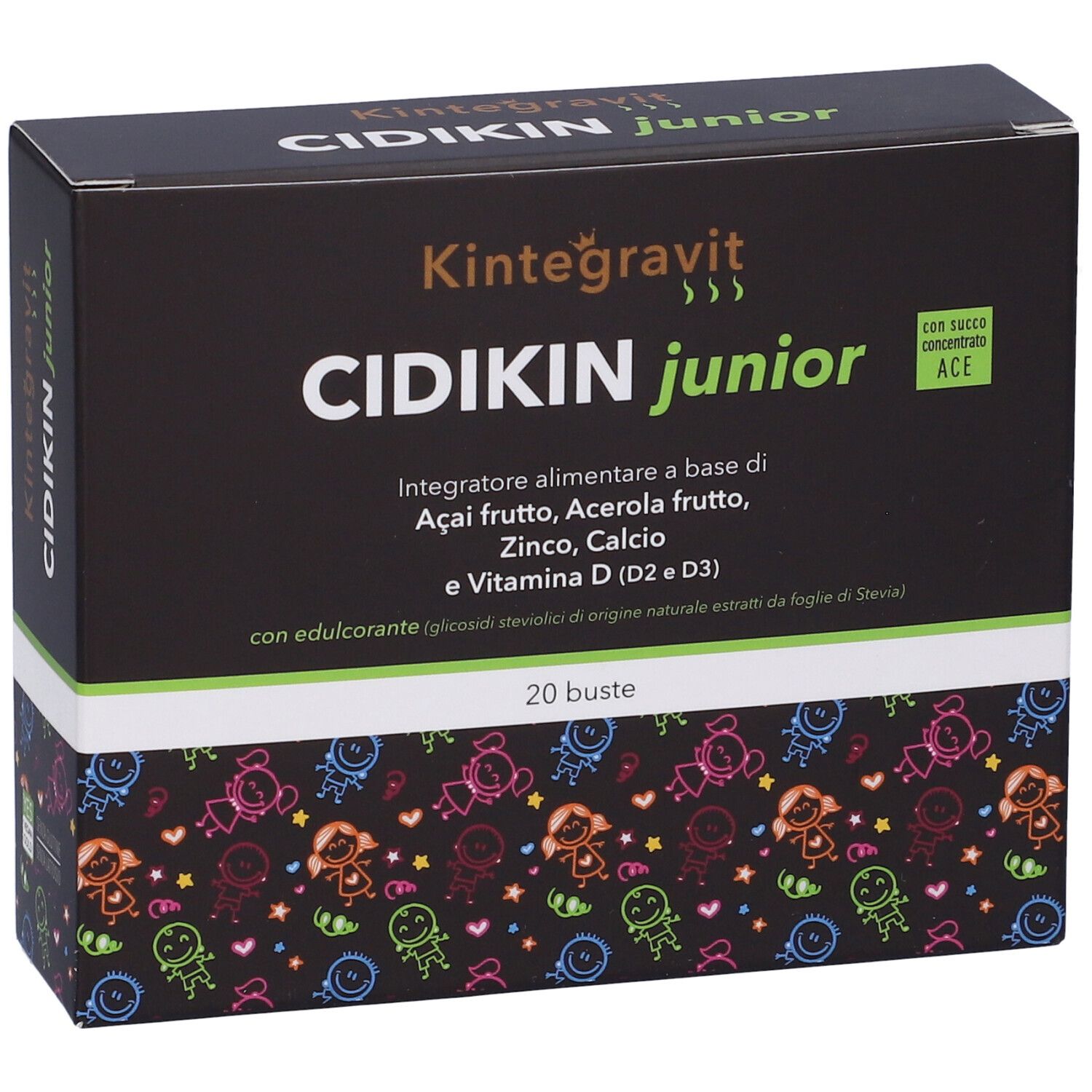 Scatola nera Cidikin Junior. Scritta: Kintegravit, Cidikin Junior, 20 bustine. Contiene acerola, zinco, calcio e vitamina D.