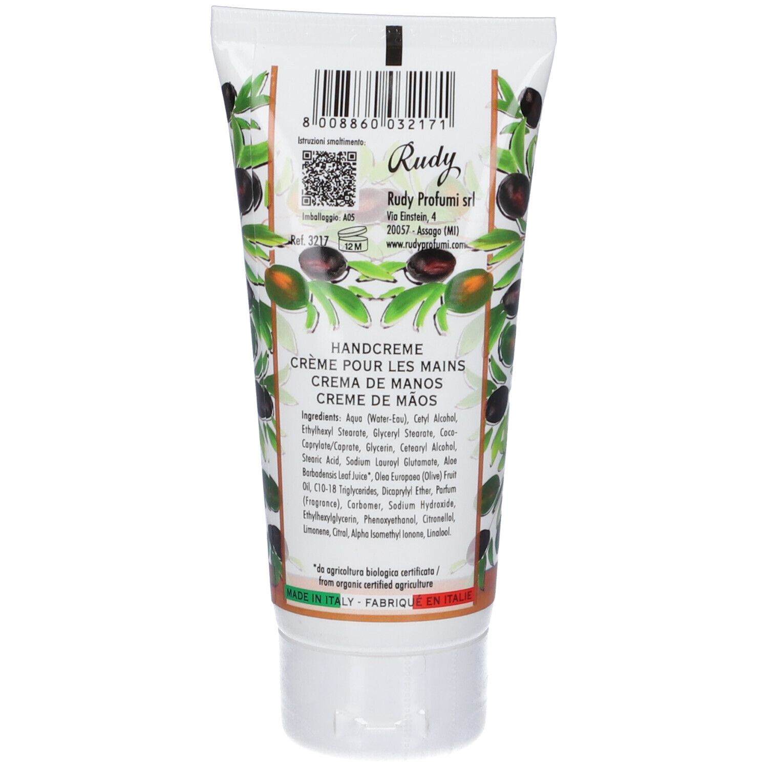 Retro di un tubetto di crema mani con ingredienti e codice a barre.