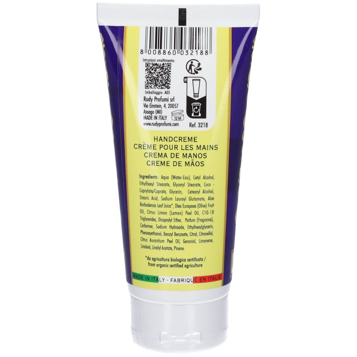 Retro del tubo di crema. Testo: Handcreme, ingredienti, Ref. 3218. Codice a barre e loghi. Made in Italy.