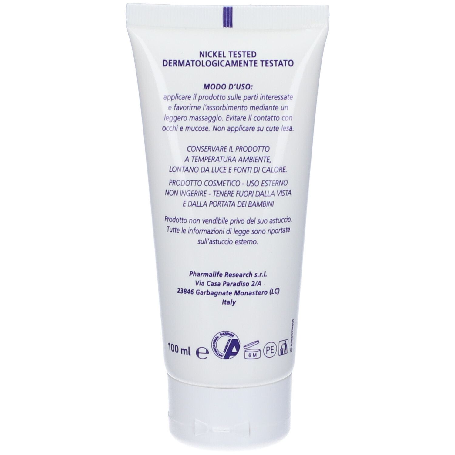 Retro di un tubo di crema. Testato al nichel. Testo in italiano. Marchio: Pharmalife Research.