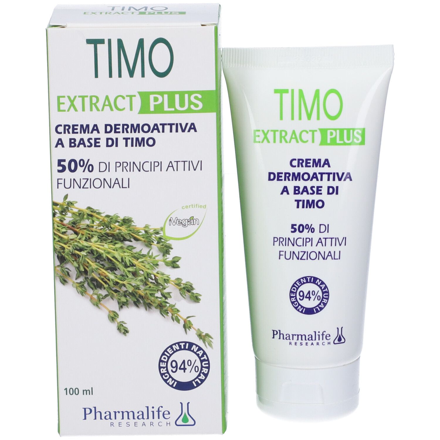 Confezione e tubo Timo Extract Plus. 94% ingredienti naturali. Marchio: Pharmalife Research. Immagine di timo.
