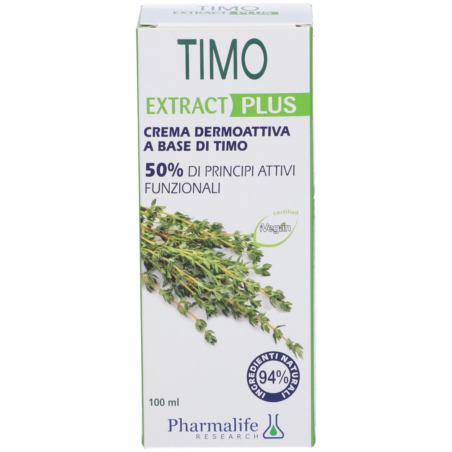 Confezione Timo Extract Plus. 94% ingredienti naturali. Marchio: Pharmalife Research. Immagine di timo.