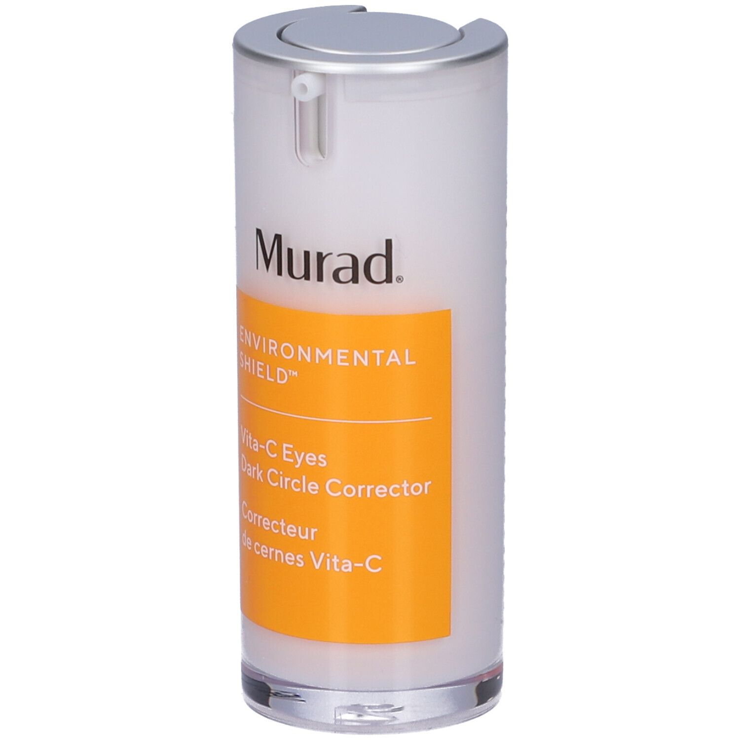 Murad Vita-C Eyes Dark Circle Corrector. Flacone bianco con tappo argento ed etichetta gialla. Nome prodotto e marchio visibili.