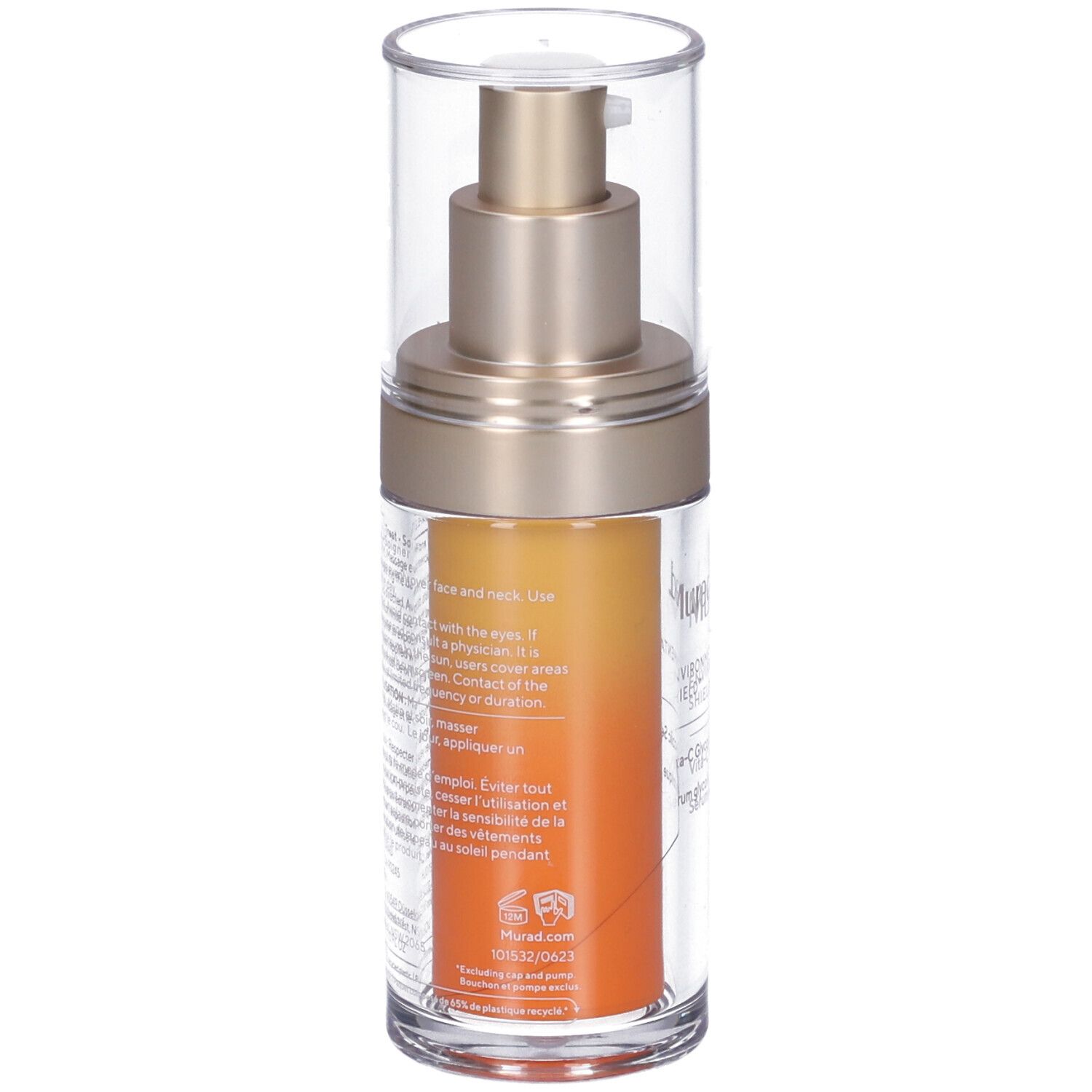 Flacone trasparente con erogatore dorato e liquido arancione. Scritta: Murad, Vita-C Glycolic Serum. Testo sul retro.