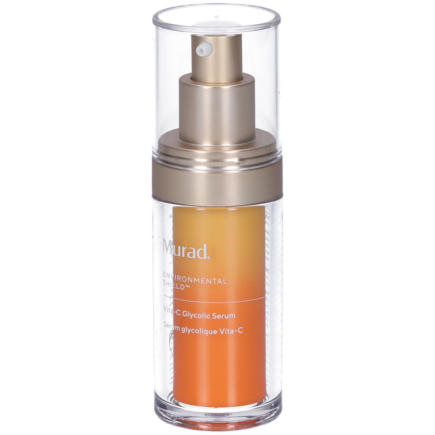Flacone trasparente con erogatore dorato e liquido arancione. Scritta: Murad, Vita-C Glycolic Serum.