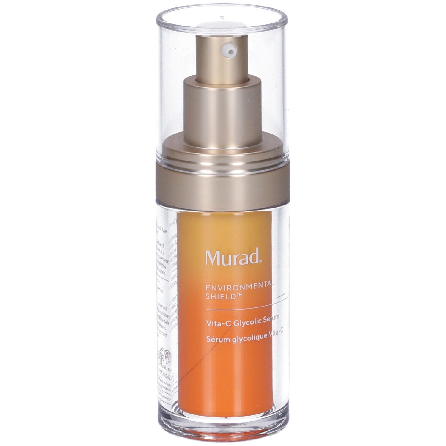 Flacone trasparente con erogatore dorato e liquido arancione. Scritta: Murad, Vita-C Glycolic Serum.
