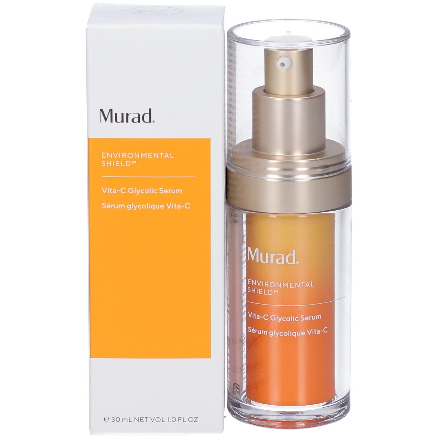 Flacone e confezione. Scritta: Murad, Vita-C Glycolic Serum. Confezione bianca con riquadro arancione.