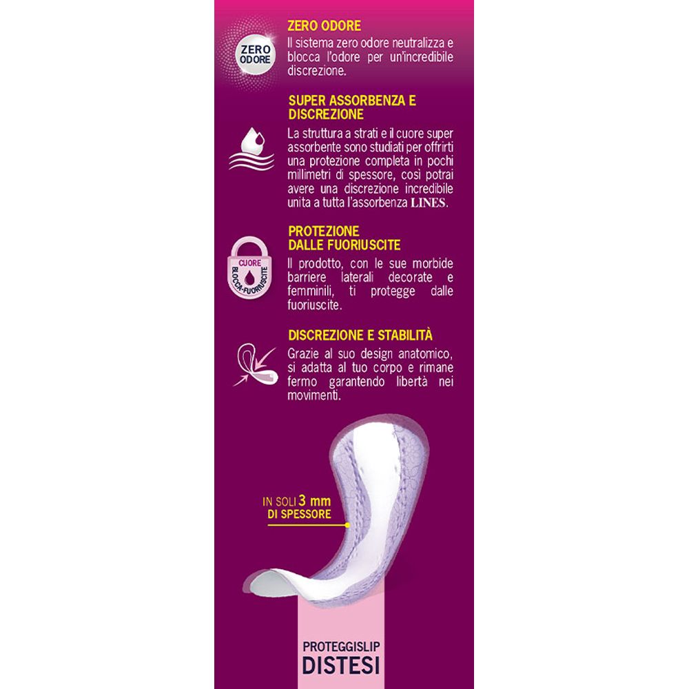 Dettaglio della confezione Lines Specialist Lady Proteggislip Long. Testo su assorbenza e protezione.