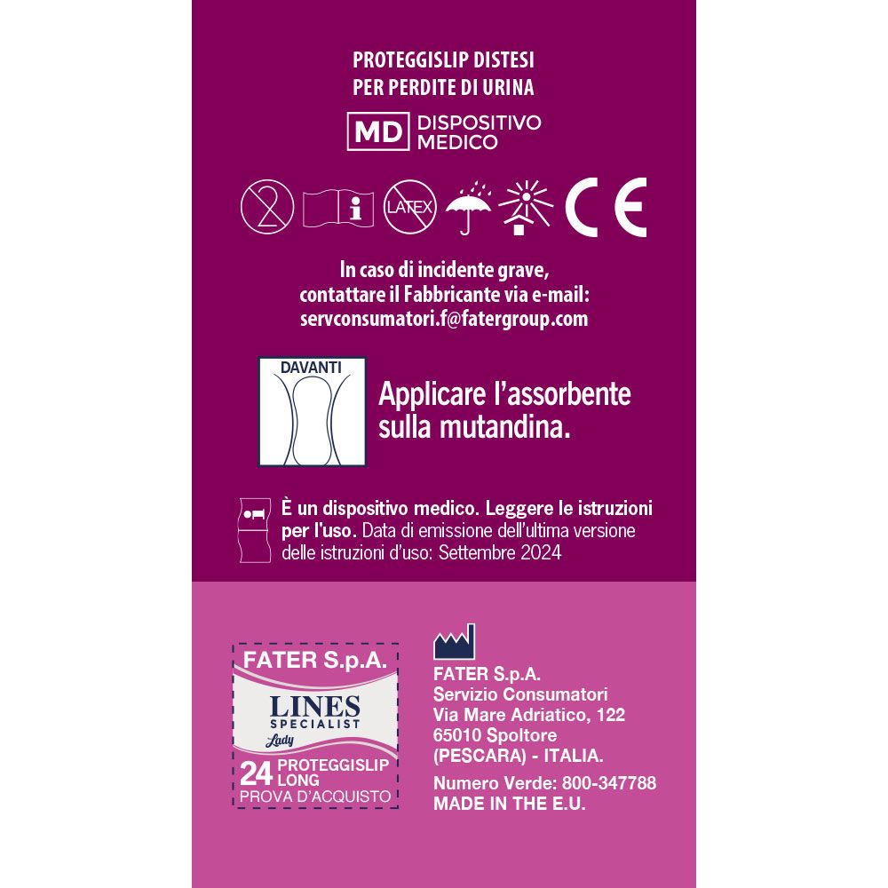 Retro della confezione Lines Specialist Lady Proteggislip Long. Marchio dispositivo medico, istruzioni per l'uso.