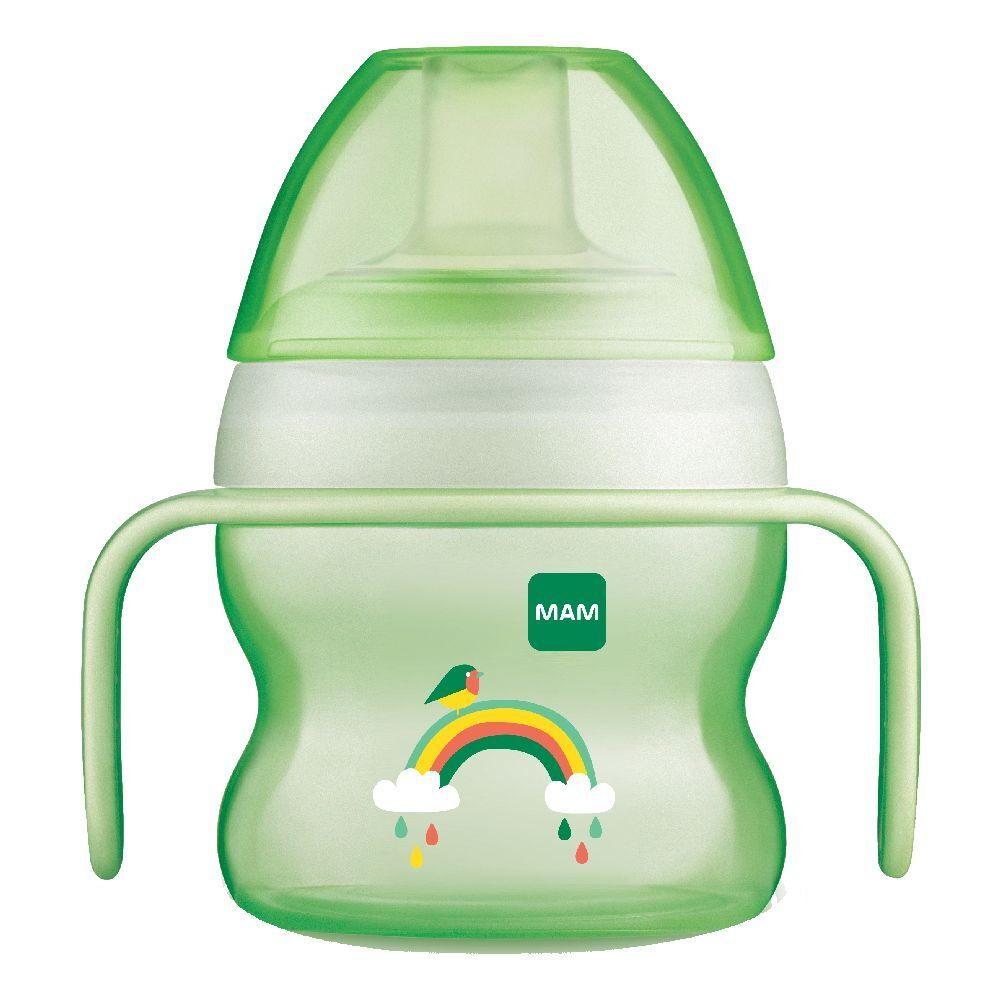 Tazza per bambini verde con manici. Disegno arcobaleno e uccello. Marchio MAM.