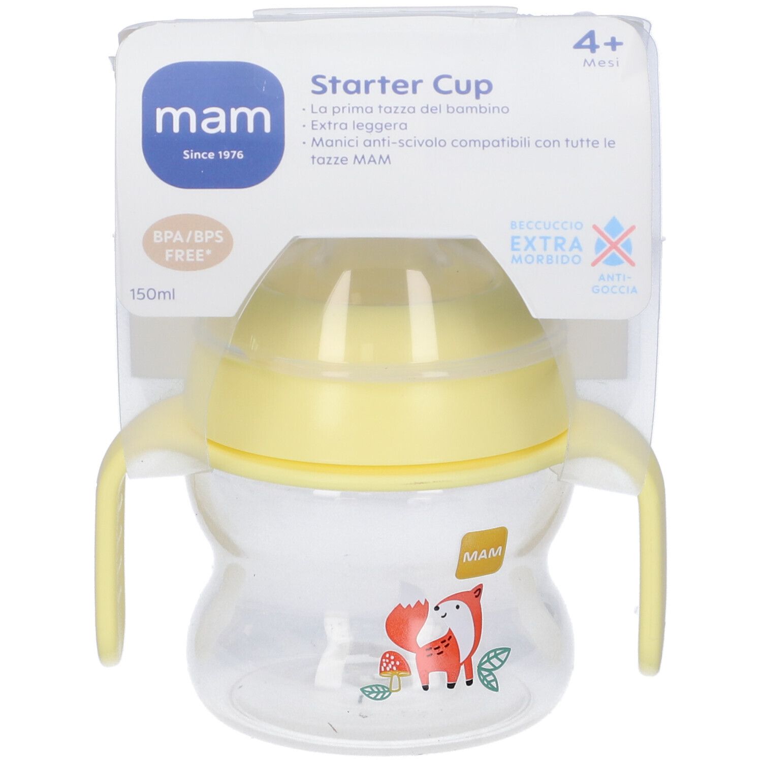 Tazza per bambini gialla con manici e confezione. Disegno volpe. Marchio MAM.