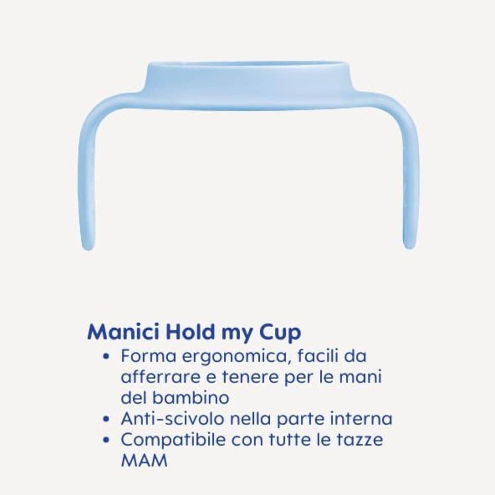 Una maniglia blu per tazza da bere, con due bracci e un bordo superiore.
