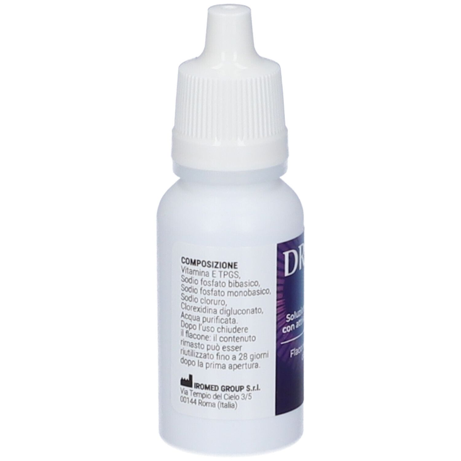 Flacone bianco con contagocce. Etichetta con ingredienti e logo aziendale. Testo in italiano.