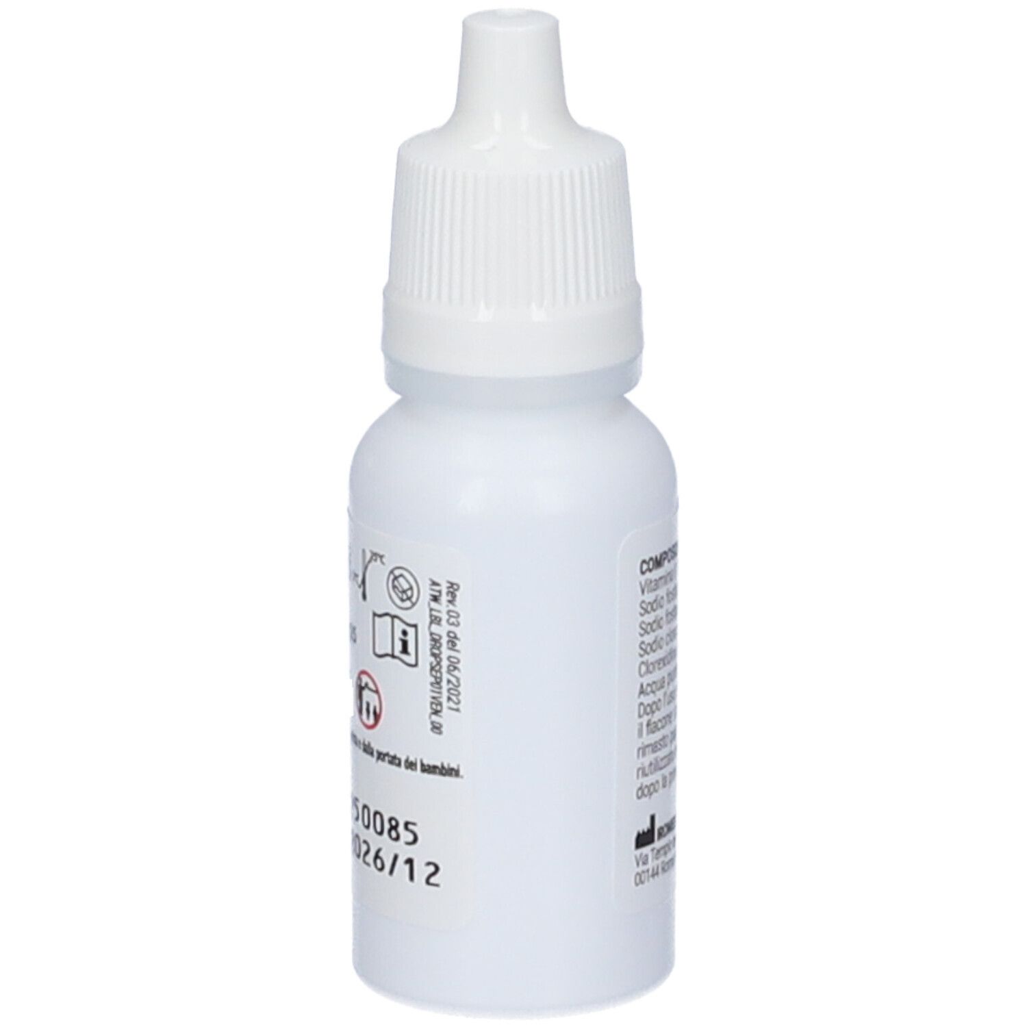 Flacone bianco con contagocce. Etichetta con avvertenze e dati di produzione. Testo in italiano.