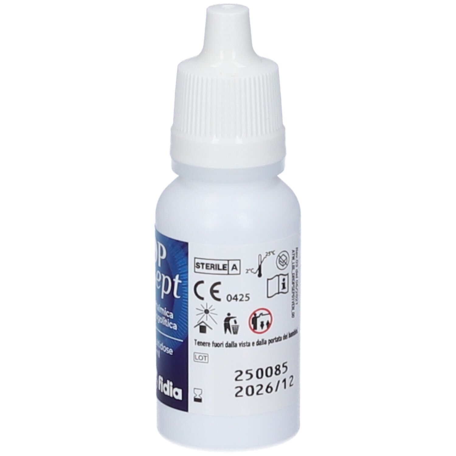 Flacone bianco con contagocce. Etichetta blu con nome del prodotto e marchio CE. Testo in italiano.