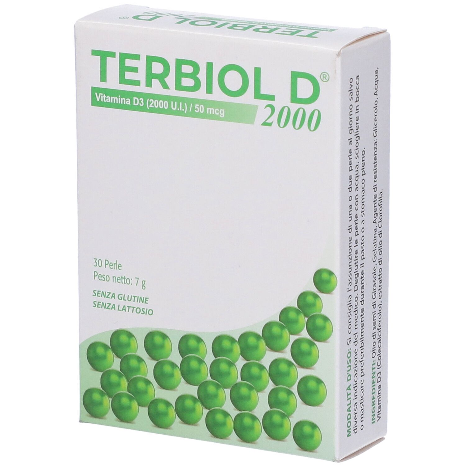 Confezione di Terbiol D 2000 con perle verdi. Contiene 30 perle. Scritta: Vitamina D3 (2000 U.I.) / 50 mcg. Senza glutine e lattosio.