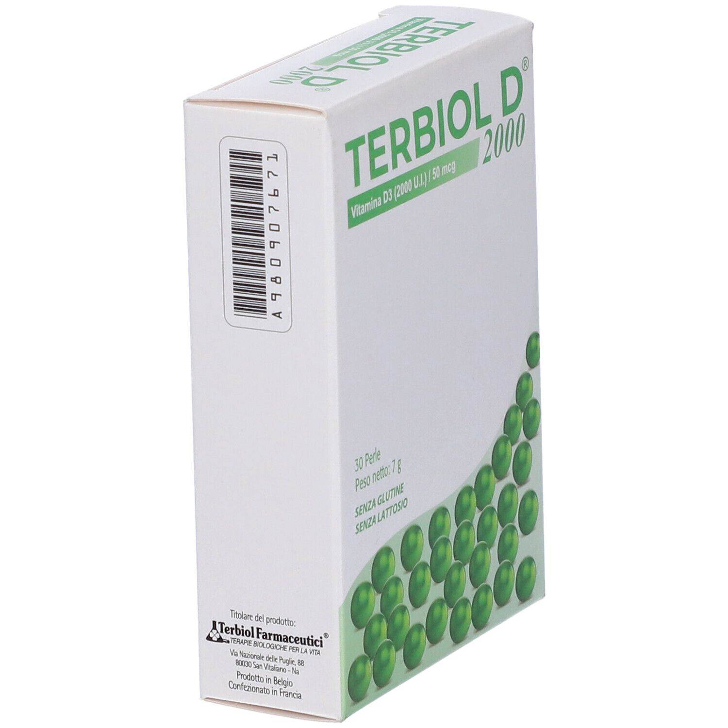 Vista obliqua della confezione Terbiol D 2000. Contiene 30 perle. Scritta: Vitamina D3 (2000 U.I.) / 50 mcg. Senza glutine e lattosio.